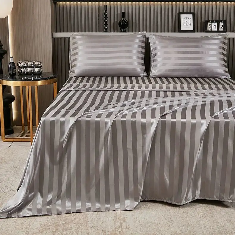 Con fodera per cuscino Lenzuolo di seta satinato estivo lucido Biancheria da letto per la casa con copriletto fresco e ghiaccio a righe