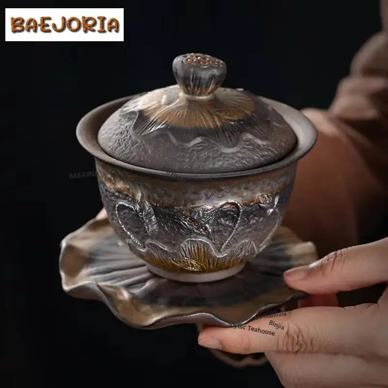 BAEJORIA 250ml Gilt Silver Lotus Gaiwan Handmade Tea Tureen Tea Bowl With Lid Kit Tea Brewing Cover Bowl Tableware Collection