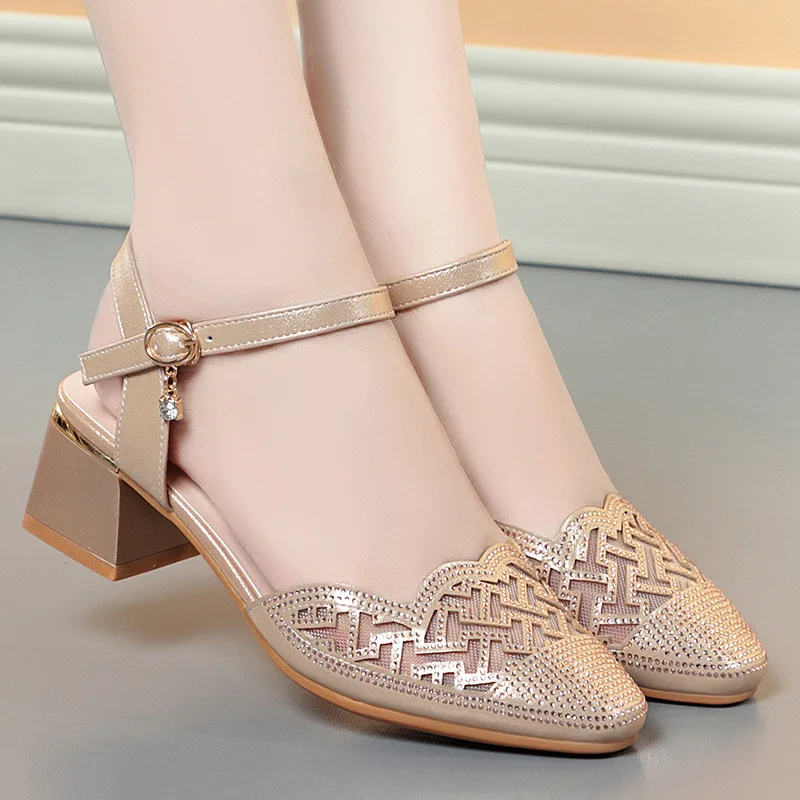 4.5cm Breathable Pointed Toe Mesh Rhinestone Med Block Heels Sandals 2024 Summer Soft Leather Shoes Women  For Office Mom Party