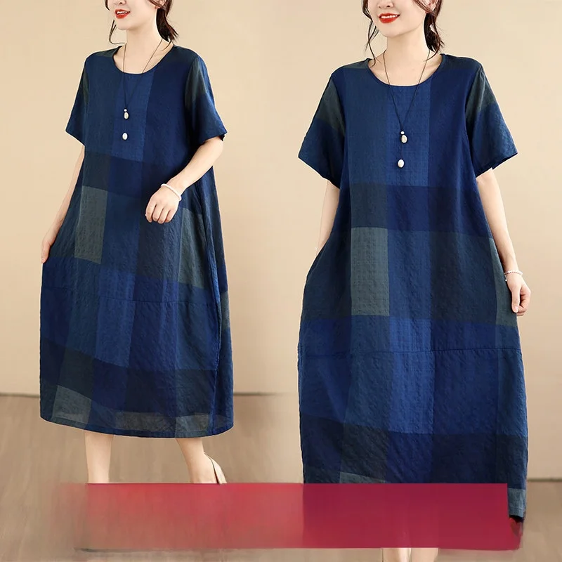 

Summer New Arrival Thin Cotton Lin Large Size Blue Plaid Print Women Loose round Neck Short Sleeve Thin Dress Casual A-Line S...
