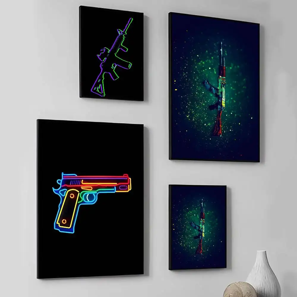 Ak 47 ,Famas C-Cs G-Go Neon Gun Canvas Print Posters Fancy Wall Sticker for Living Room Bar Decoration Wall Decor