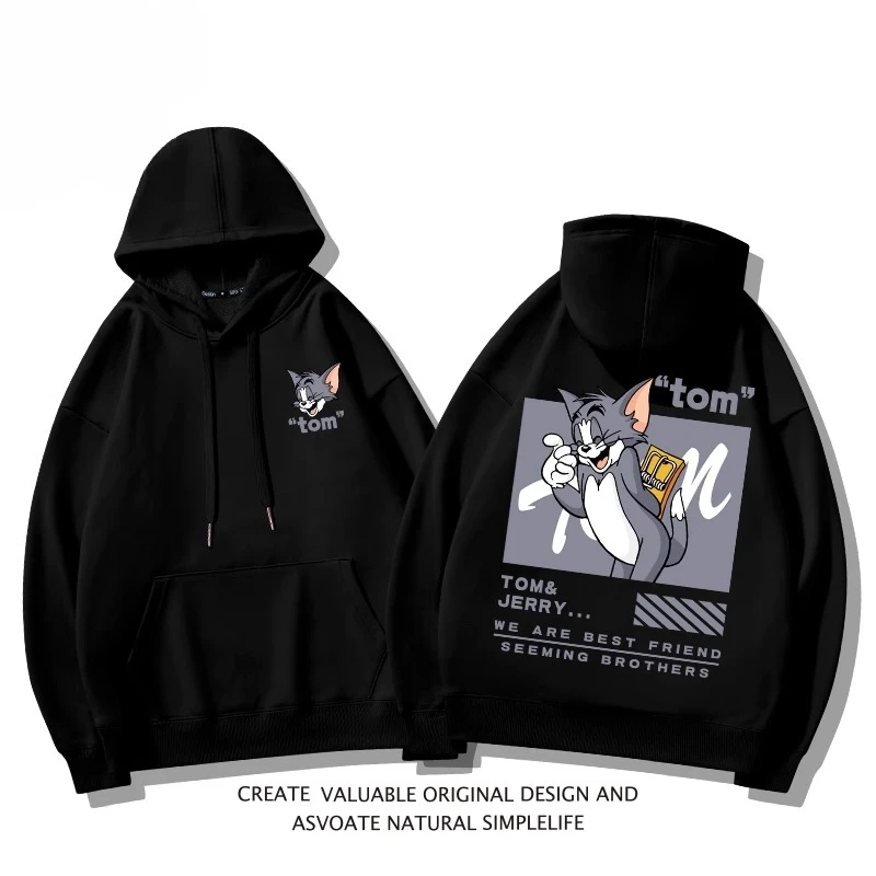 سترة مقنعين توم وجيري طباعة الربيع والخريف زوجين الخريف والشتاء فضفاضة كسول نمط الكرتون معطف أزياء الشارع ارتداء #5