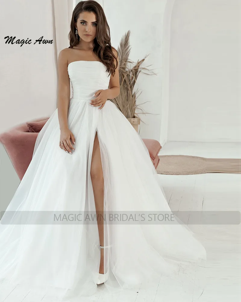 Magic Awn Vintage Halter suknie ślubne rozcięcie na udzie Backless Satin prosty biały suknie ślubne dla kobiet długość podłogi szata Mariee