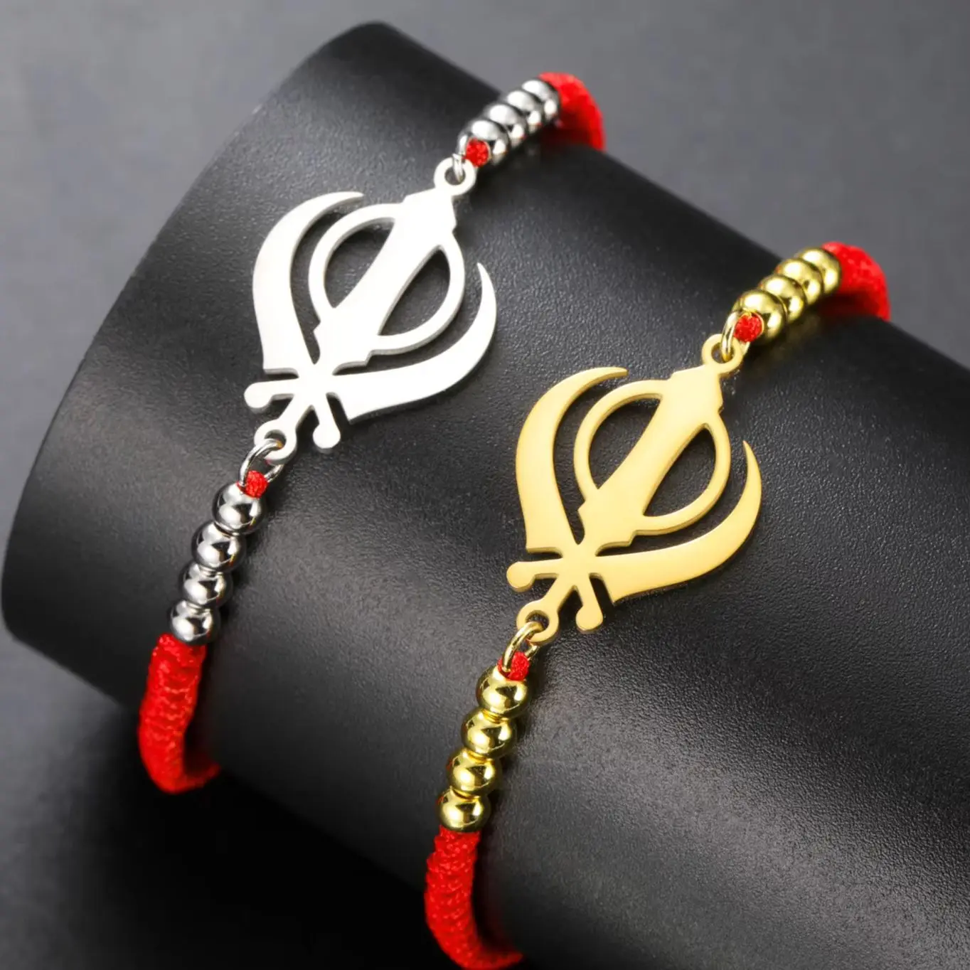 LIKGREAT Sikhism Adjustable Rope Bracelets for Women Men Stainless Steel Sikh Khanda Indian Pakistan Punjab Religious Jewelry