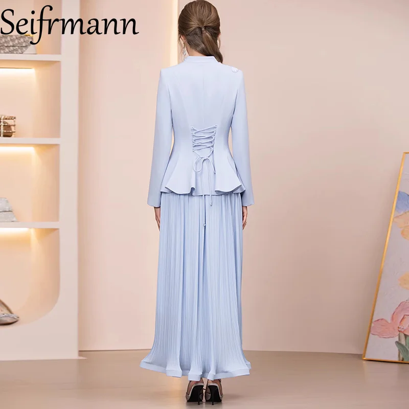 Seifrmann 2026 Spring Women's New Fashion V-neck Long Sleeve Embroidered Diamond inlaid Coat+pleated skirt Chinese style Set