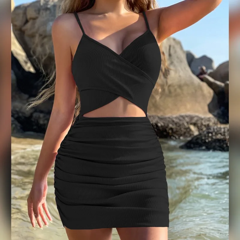 Mulheres sexy recorte bodycon vestido estilo euro cruz volta alças oco para fora boate festa noite outfit fino ajuste vestido elástico