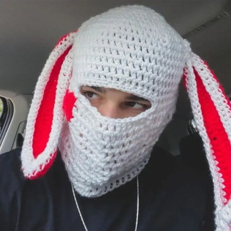 N5KB Balaclava hoed schattige konijn gehaakte hoed voor vrouwen mannen foto rekwisieten bunny oordap cosplay- Halloween