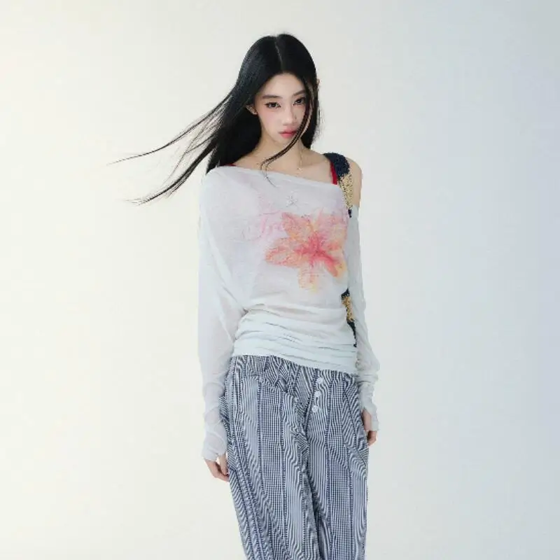 2026Summer New Women Clothing Korean Printed Breath Sunscreen Shirt Lazy Style Fashion Versatile Casual Loose Long Sleevedtshirt
