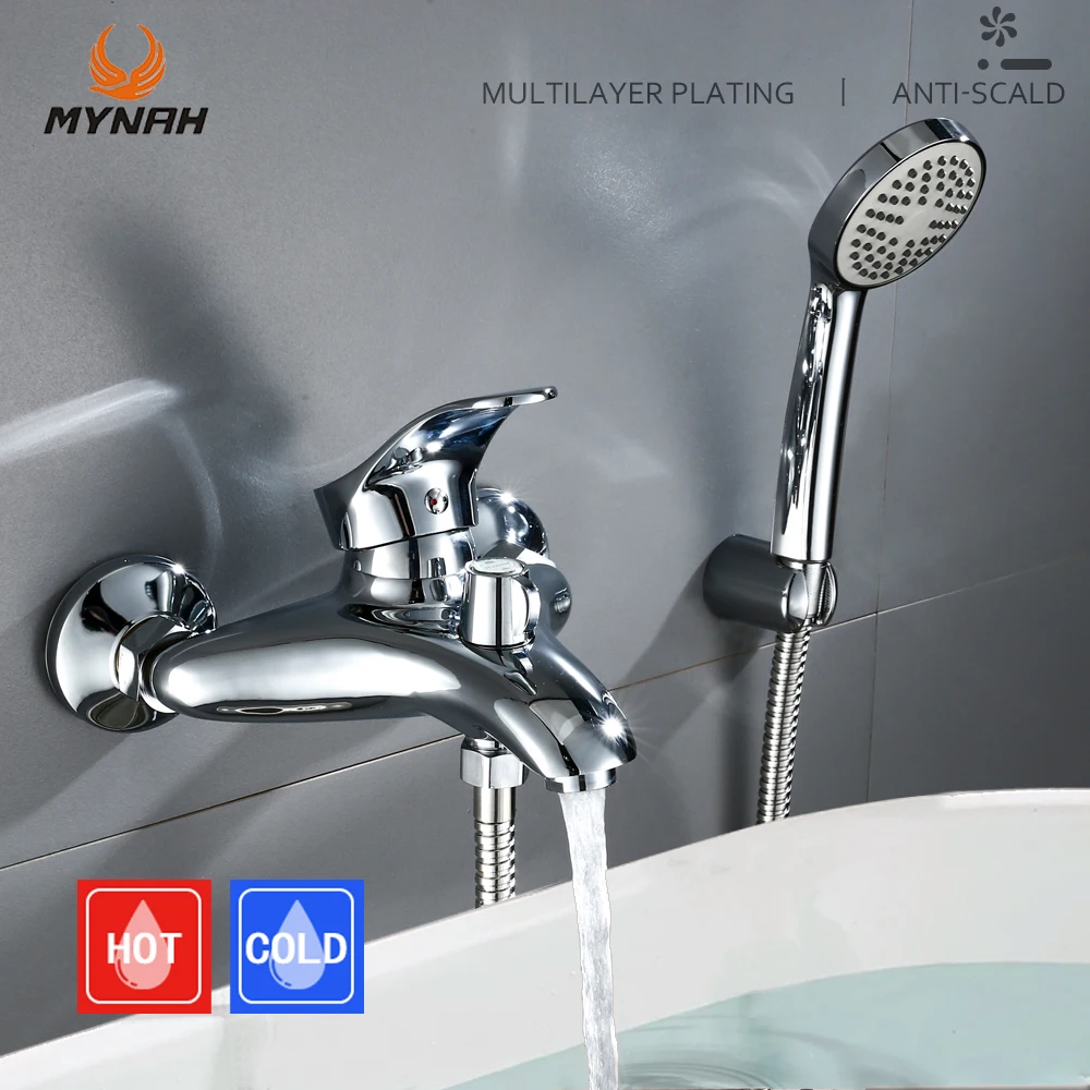 MYNAH Bathtub Faucet Unique Styling Shower Faucets Bathroom Mixer Chromed Wall Mounted Bathtub Water Taps Shower Faucets Set