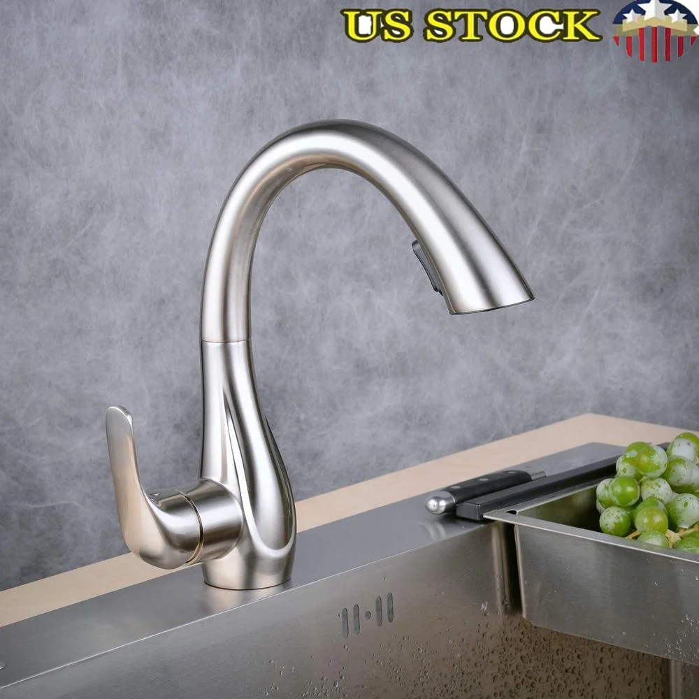 High-Arc Brushed Nickel Kitchen Faucet 360° Rotation Pull Out Spout Single Handle Solid Brass Construction Easy to Clean Aerated