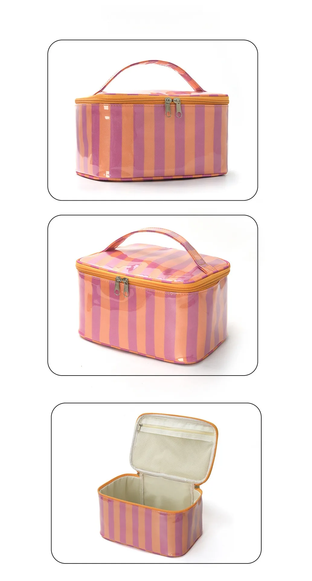 Glänzende, gestreifte PVC-Handtasche für Make-up, wasserdichte Kosmetiktasche mit großem Fassungsvermögen, Reise-Aufbewahrungstasche für Hautpflegeprodukte, mehrfarbige Kosmetiktasche – Detail 5