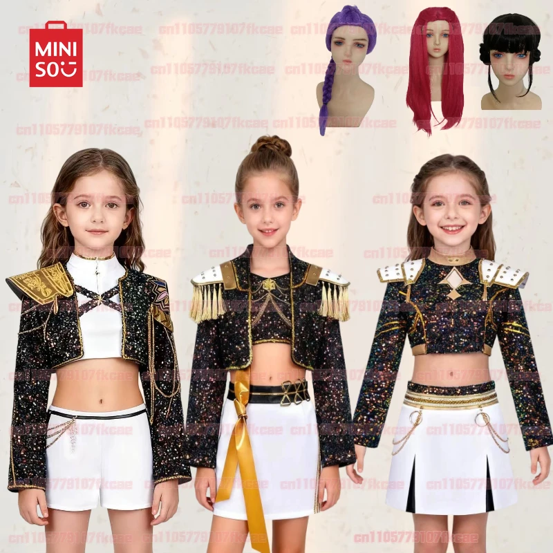 

MINISO adult Girls’ kpop Demon Hunters 2025 Cosplay Mira Rumi Zoey Black Gold Clothing Perfect women's set for Halloween
