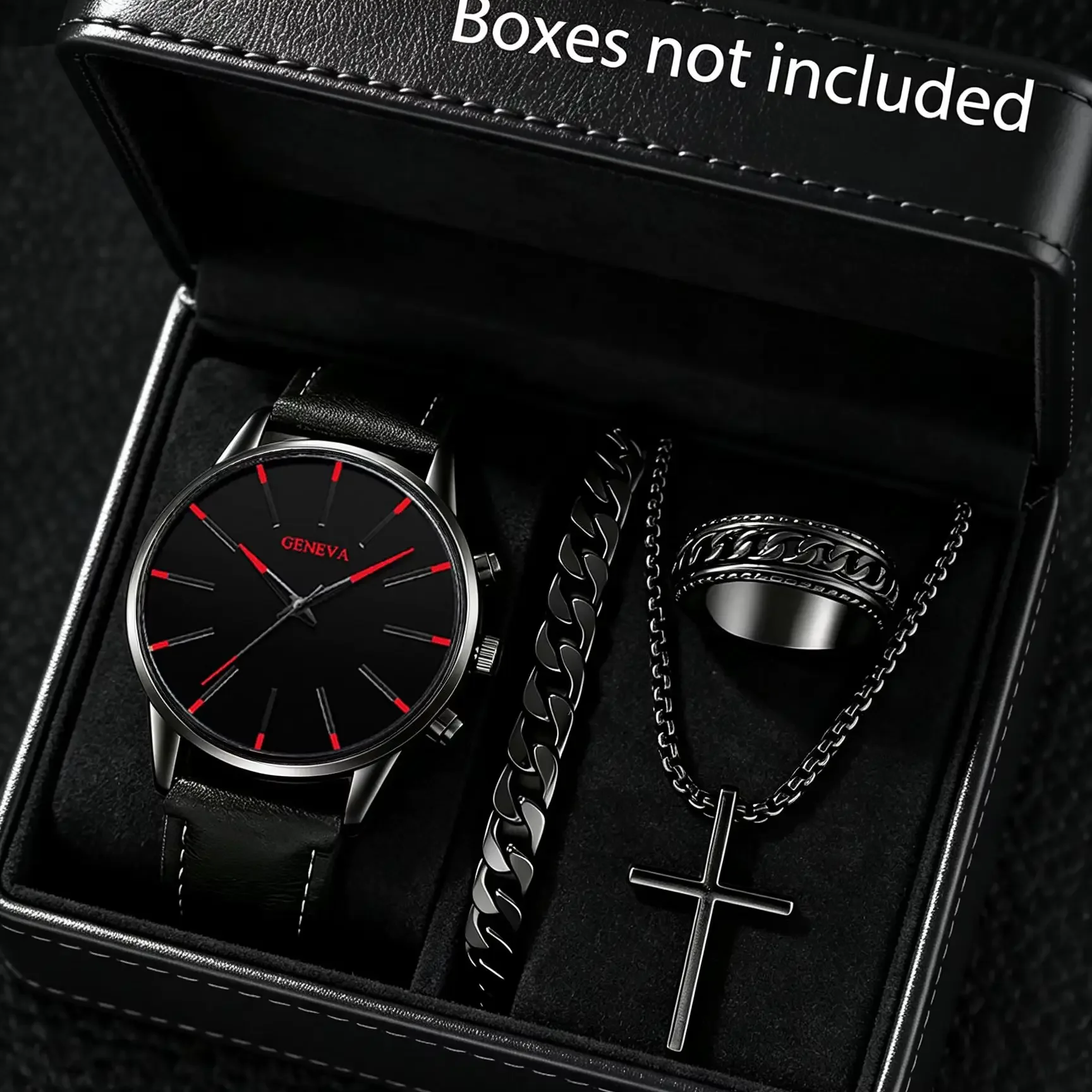 Four-piece men's belt and watch set, an ideal choice for office environments, comes with a set of simple accessories