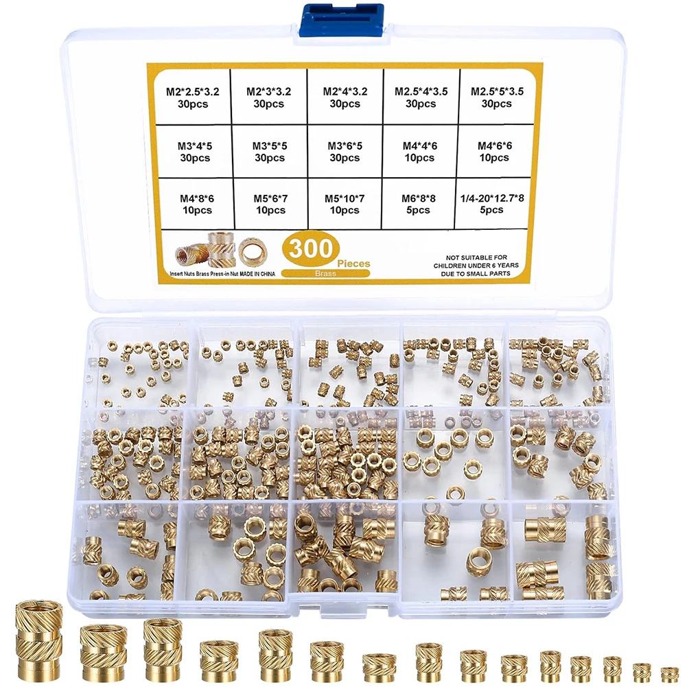 300pcs Brass Knurled Threaded Inserts 3D Printed Brass Nuts For 3D-Printer Insert Nuts For Thermoplastics Plastic Parts