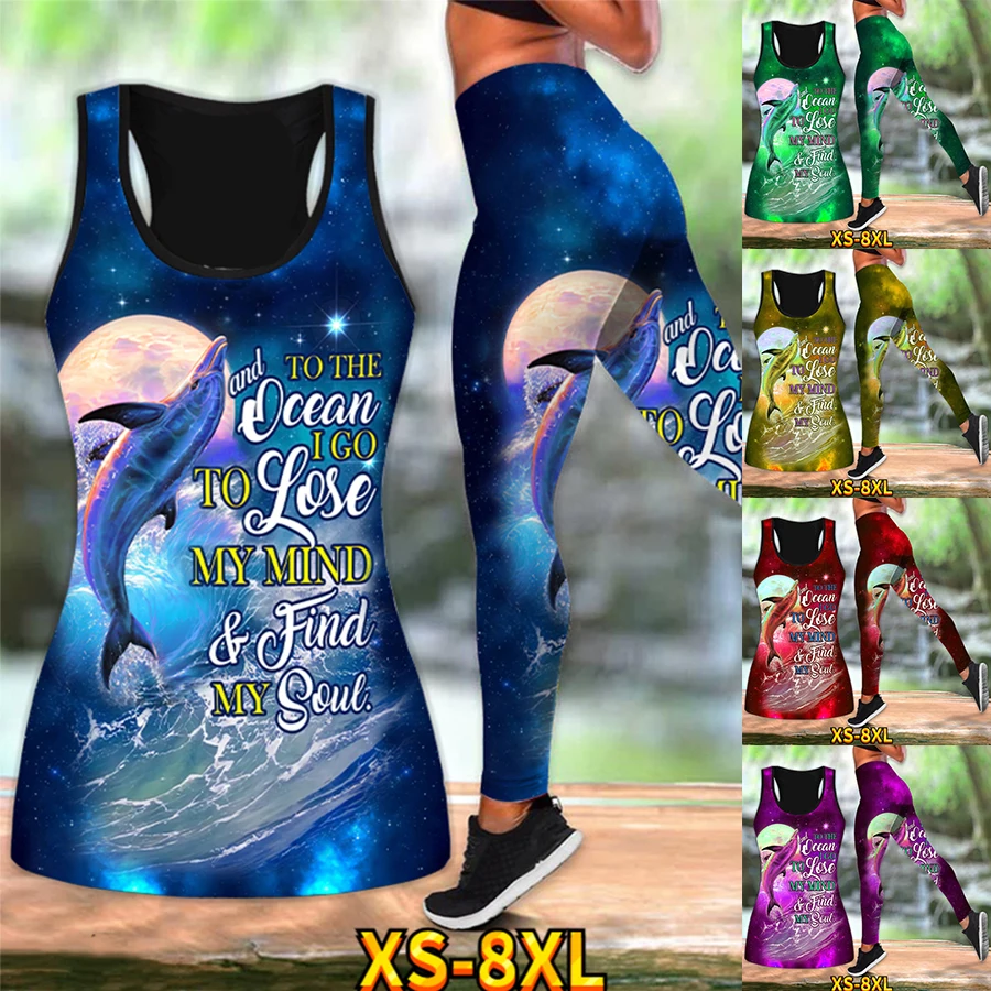 

Whale Print Ladies Sexy Breathable Vest Quick Dry Yoga Pantsr Suit Running Fitness Color Print Summer Style XS-8XL