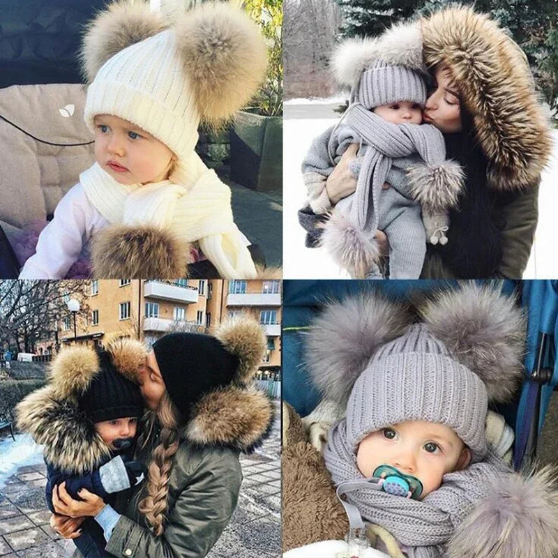 3-24 Months Winter Thick Warm Baby Hat Set Scarf for Boy Girl Cute Double Pompom Kids Children Beanie Scarves for Boys Girls