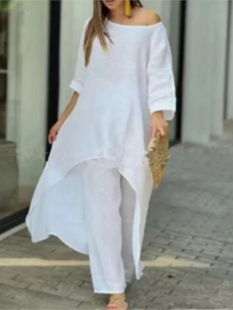 

Fashion Spring Summer Buttoned Loose Irregular Long Suit Trousers For Women Elegant Casual Holiday White Two Piece Outfits Woman
