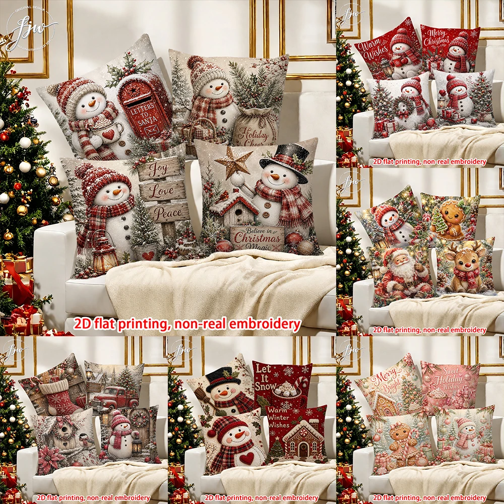 4 Stück Weihnachts-Kissenbezüge, 4 Stück Vintage Schneemann Santa Xmas Farmhouse Feiertags-Dekokissenbezüge für Sofa, Couch, Bett
