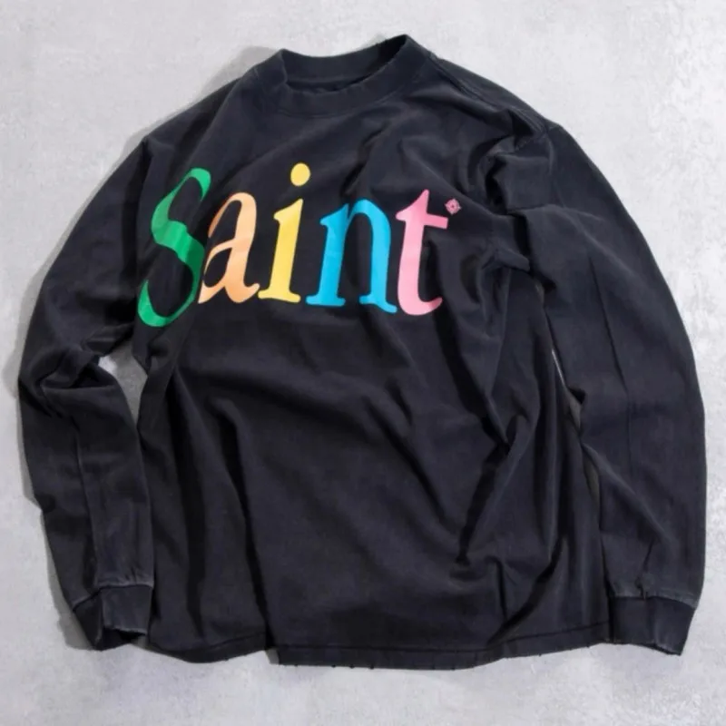 

Vintage Distressed Washed Worn Saint Long Sleeve Tshirts Colored Letters Round Neck Pullover Men Women Street Outfit Sweatshirt