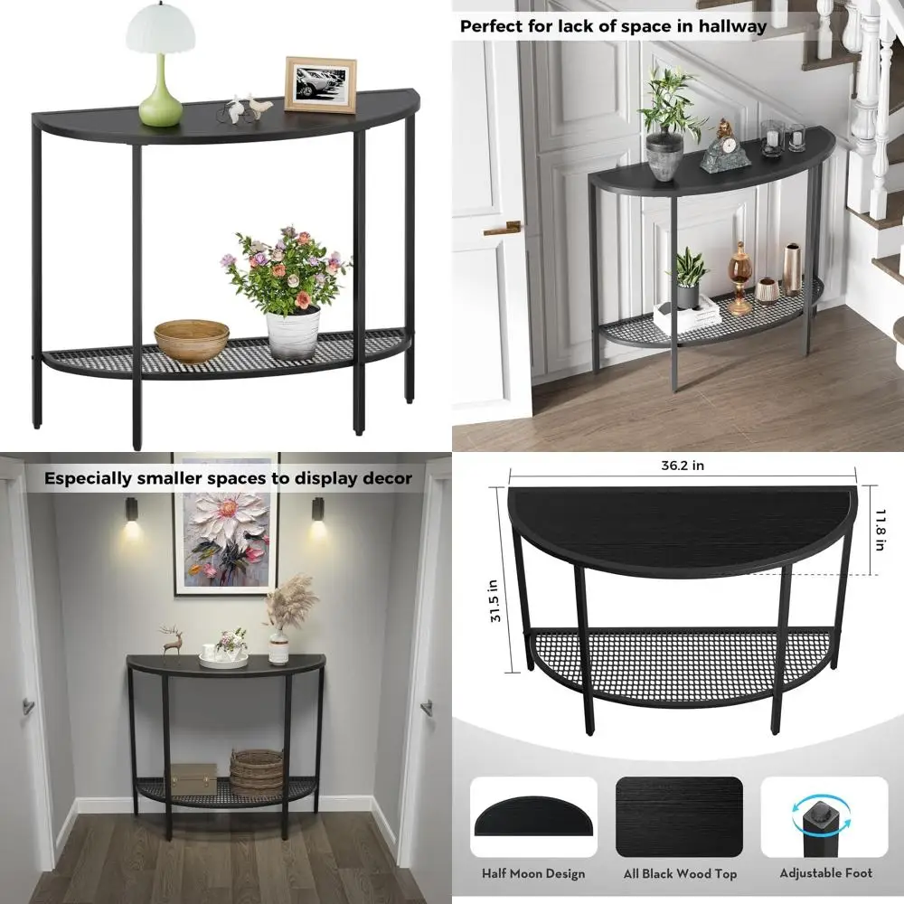 

Modern Black Half-Moon 2-Tier Entryway Table with Storage, Slim Design for Small Spaces, Easy Assembly