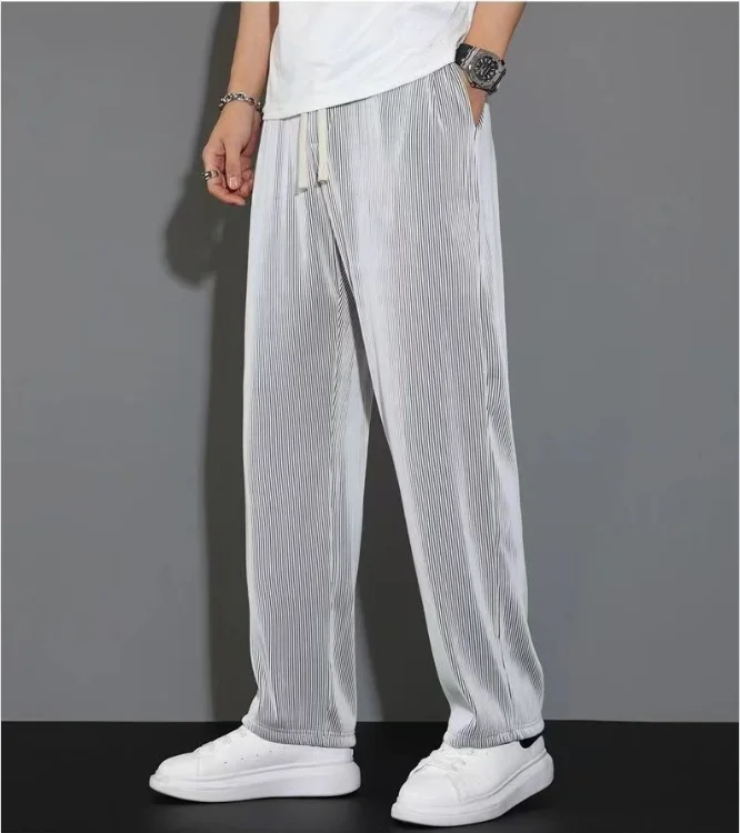 Summer Ice Silk Stripe Straight Pants Plus Size 5XL-M Men's Stripe Thin Casual Pants Men Loose Breathable Wide Leg Pants