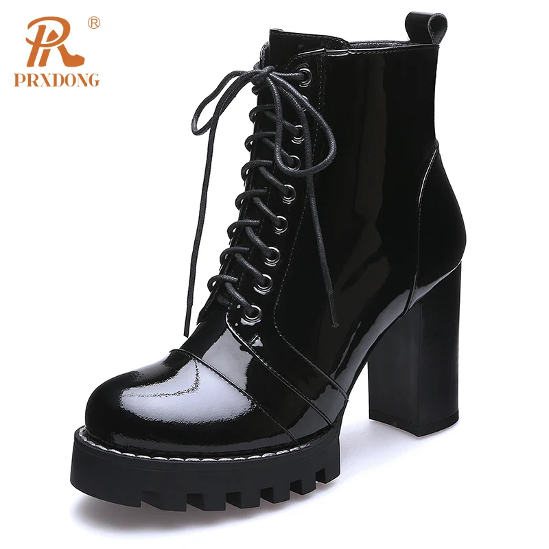 PRXDONG New Classics Patent Leather Chunky High Heels Platform Shoes Woman Ankle Boots Lace Up Dress Party Autumn WInter 34-42