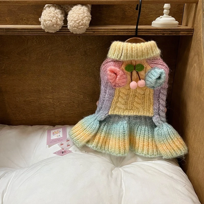Luxurious Cozy Winter Pet Knitwear Dress Gradient Color Turtleneck with 3D Cherry Accent Soft Warm Clothing for Small Dogs Cats