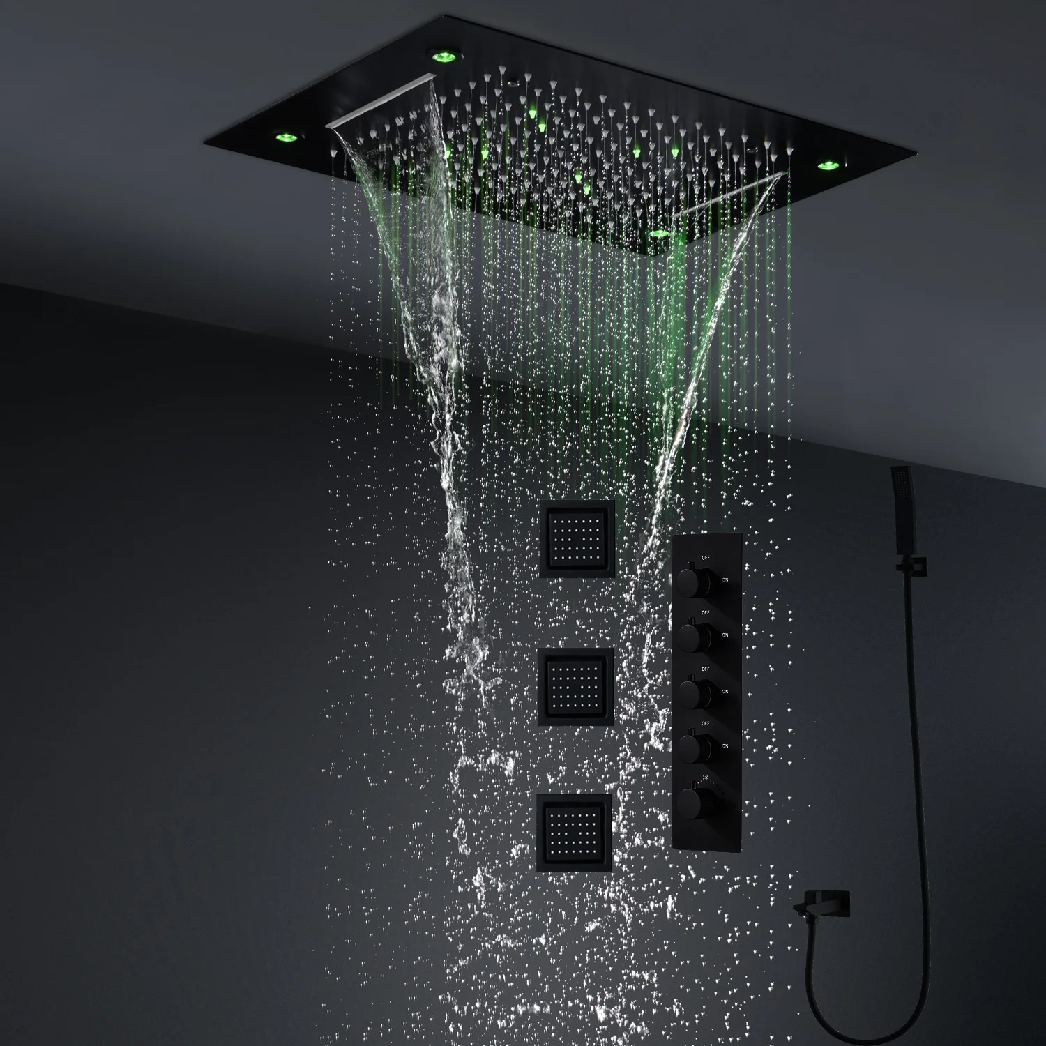 

hm Modern Ceiling LED Shower System 20x14 Inch Waterfall Rainfall Shower Head Set Thermostatic Mixer Valve With Side Jets Faucet