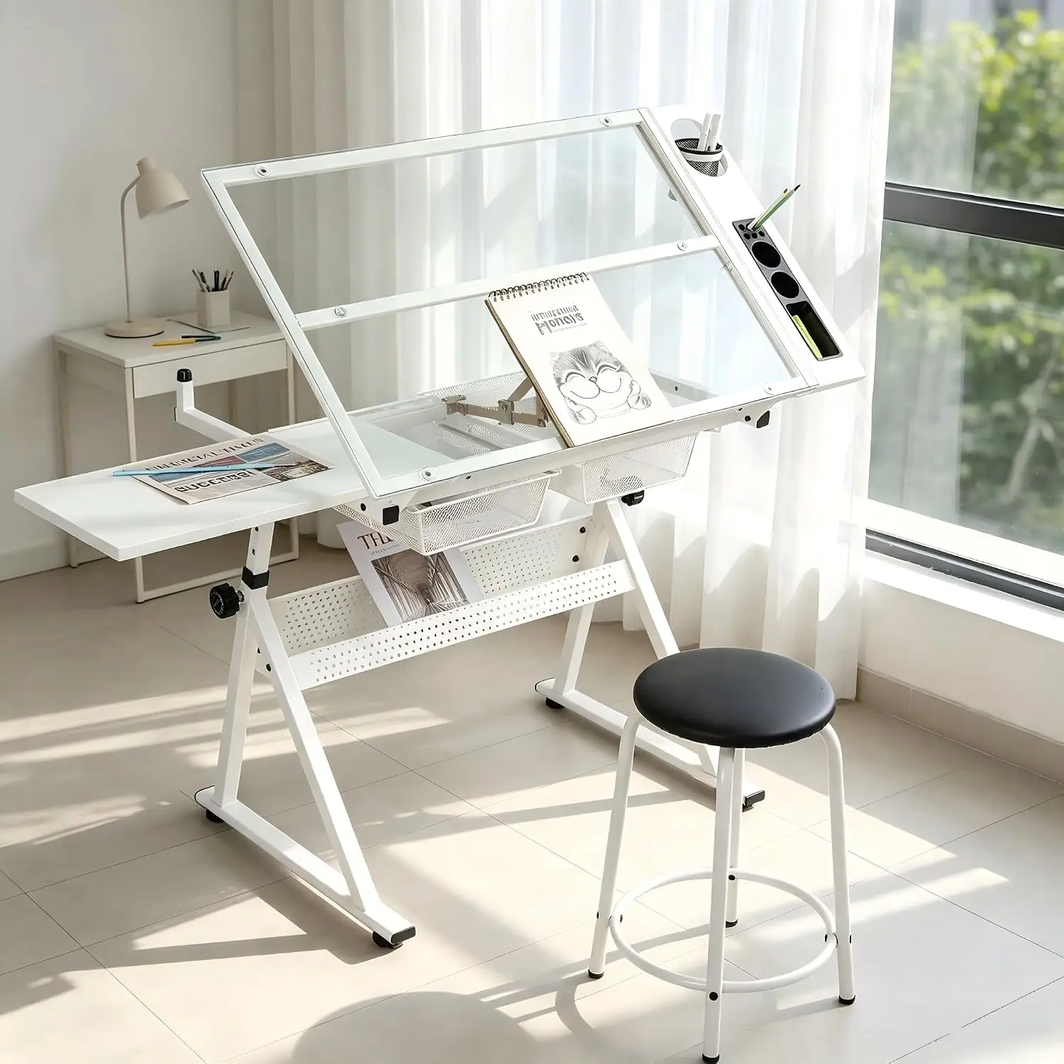 Drafting Table w/Stool, Height Adjustable Drawing Table