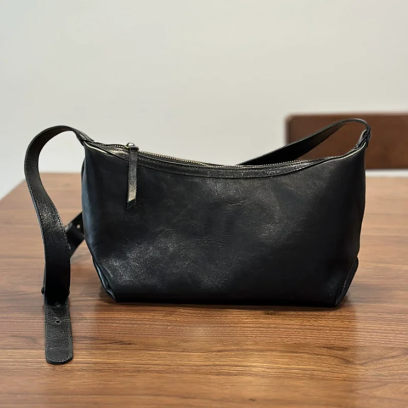 

Korean version crossbody leather women's antique-grain cowhide retro pleated small bag soft cowhide shoulder bag
