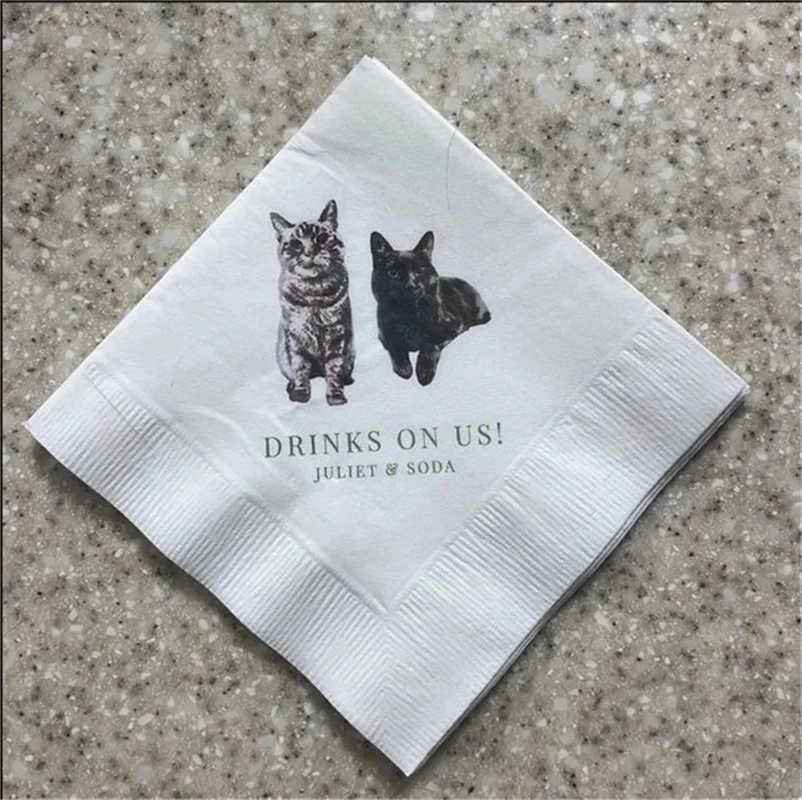 50pcs Full Color Personalized Pet Wedding Cocktail Napkins, Custom Dog Cocktail Napkins Wedding, Couple Monogram Wedding