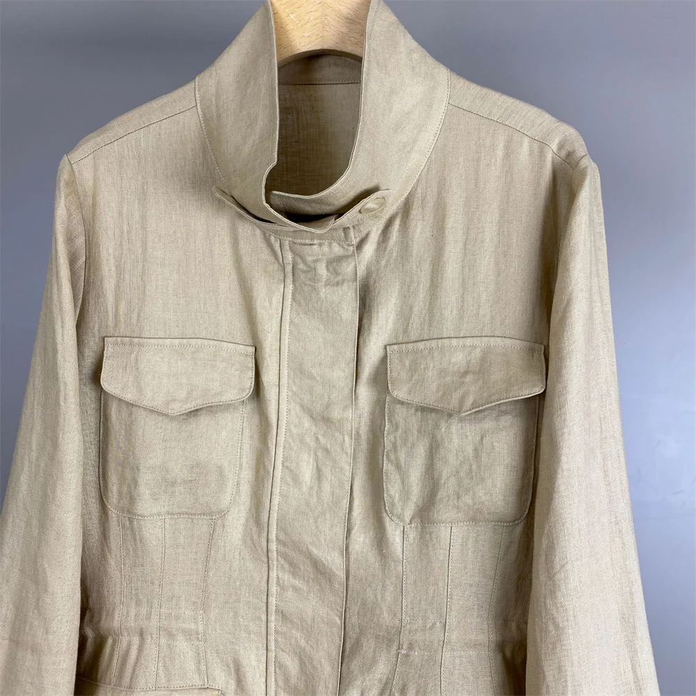 2026 Spring/Summer New Linen Solid Color Pocket Cardigan Stylish Commuter Casual Jacket For Women
