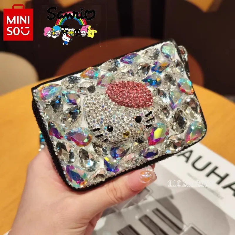 MINISO Hello Kitty tarjetero de diamantes para mujer, tarjetero de marca de lujo a la moda, múltiples ranuras para tarjetas, Mini billetera linda de