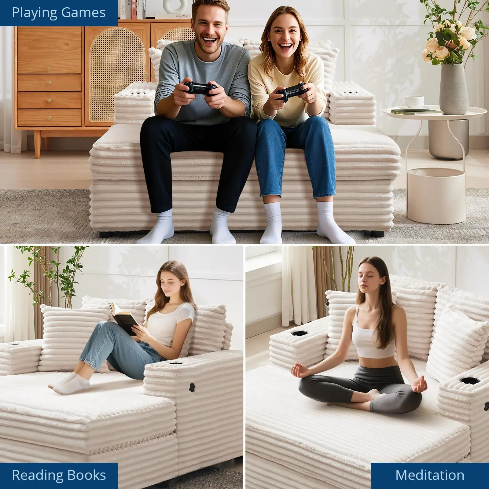 60 Inch Oversized Chaise Lounge Chair Corduroy Cloud Sofa Bed With USB Type C Port Cup Holders Pillows For Living Room Bedroom image 8