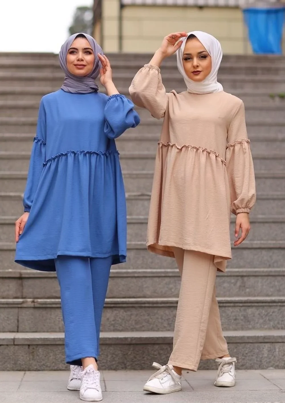 Muslim Sets Women Two Piece Abaya Khimar Casual Soild Tops + Pants Suits Ramadan Abayas Hijab Suit Loose Muslim Women Clothing