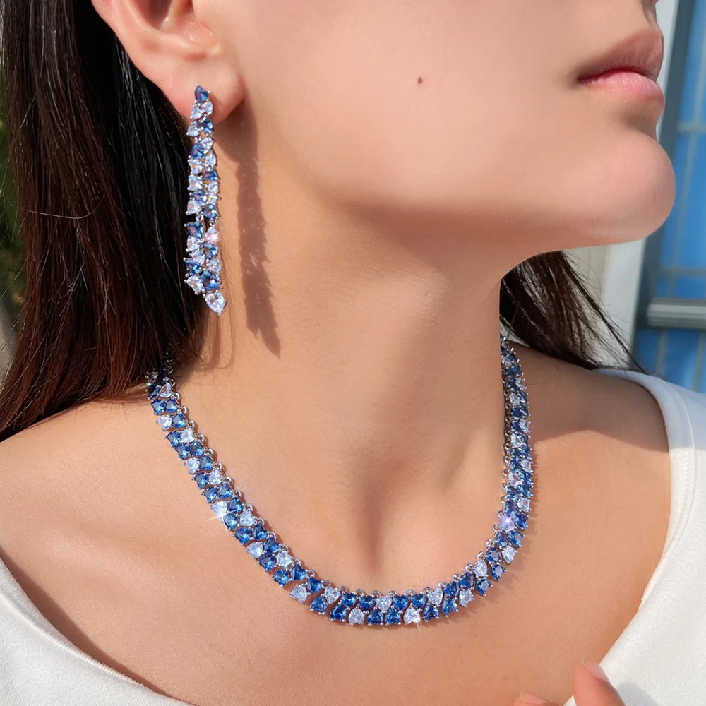 CWWZircons Luxuriöses Glänzendes Blaues CZ Herzförmiges Hochzeits-Bankett-Schmuckset mit Halskette und Ohrringen für Damen Großhandel T0972 – Detail 4