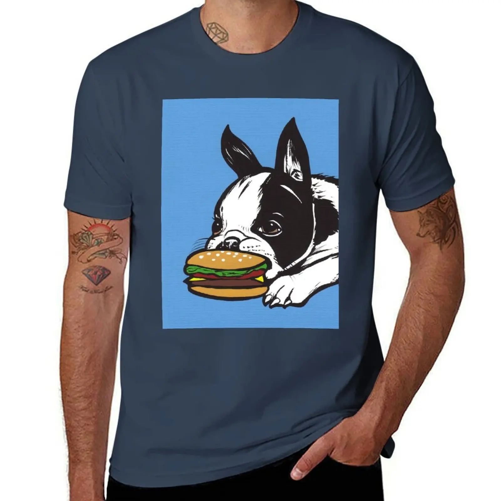 

Boston Terrier Cheeseburger T-Shirt Modern Print Casual T-Shirt