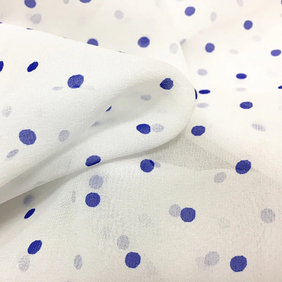 1 meter 100% Mulberry Silk 10 momme Thin Georgette Silk Fabric White With Blue Dots Printed 138cm 54