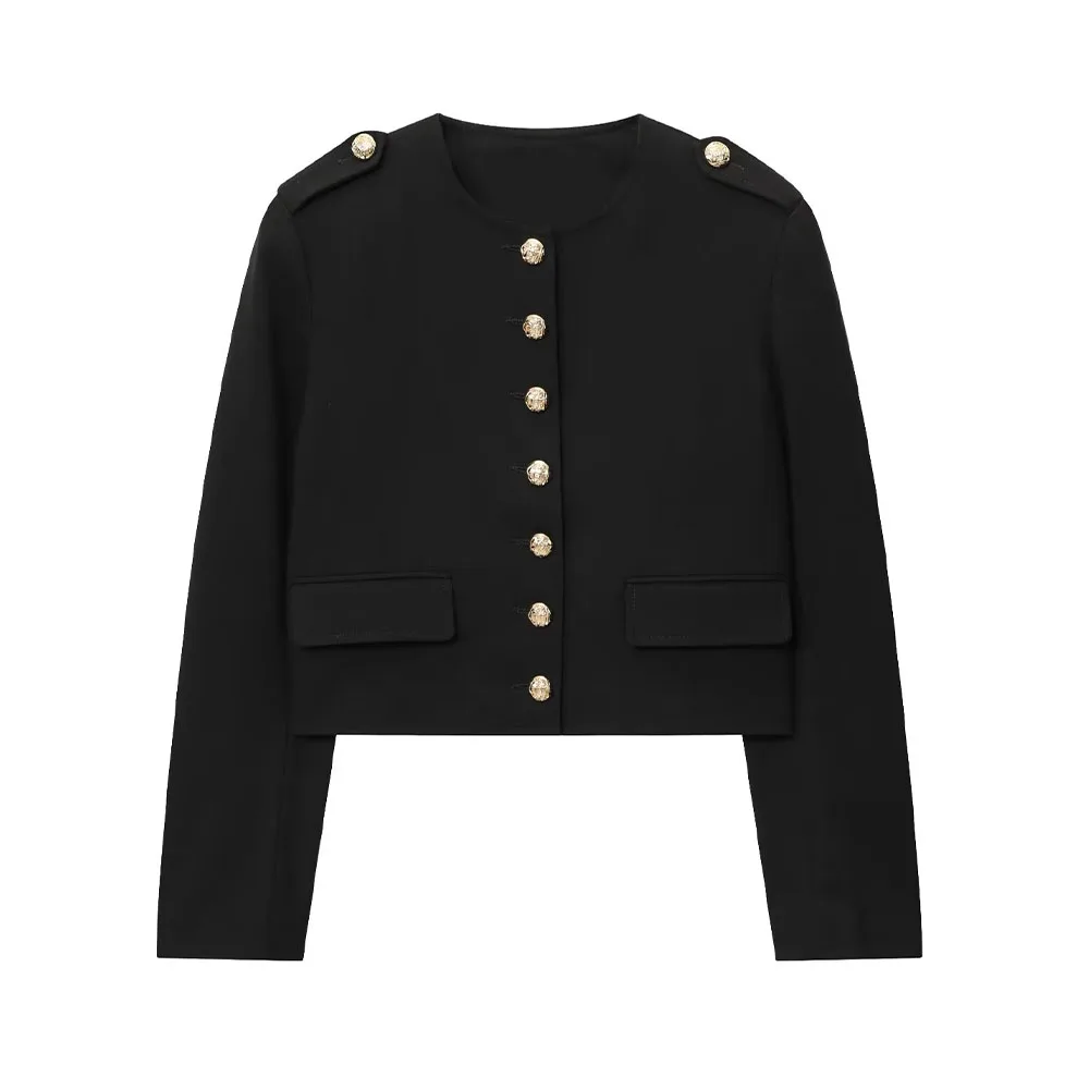 

DiYiG Women Autumn 2025 New Fashion Short Coat Retro Crewneck Joker Buckle Casual Long Sleeve Top Outerwear Mujer