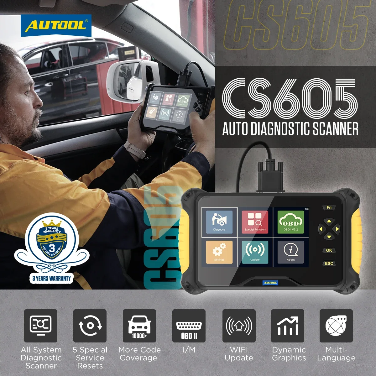 AUTOOL CS605 Engine ABS Code Reader Oil EPB SAS Bleeding Throttle Resets OBDII Auto All System Diagnostic Scanner Tool