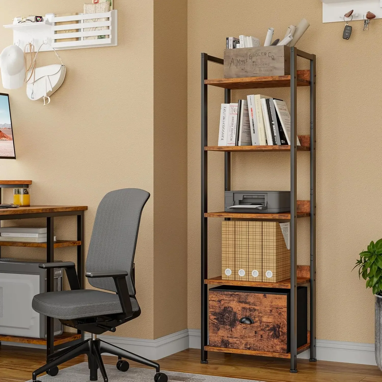 Wood and Metal Bookshelves Storage Organizer, Industrial Display Standing Shelf Unit for Bedroom, Living Room, Rustic Brown