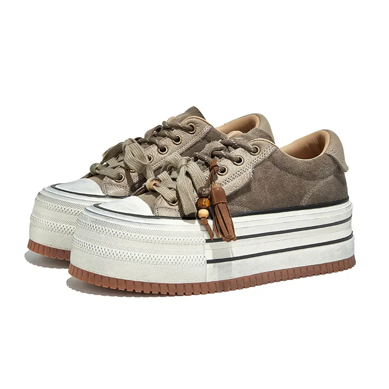 

Массивные кроссовки из натуральной кожи со шнуровкой, женские удобные повседневные туфли на плоской подошве, увеличивающие рост, модные туфли для скейтборда в студенческом стиле