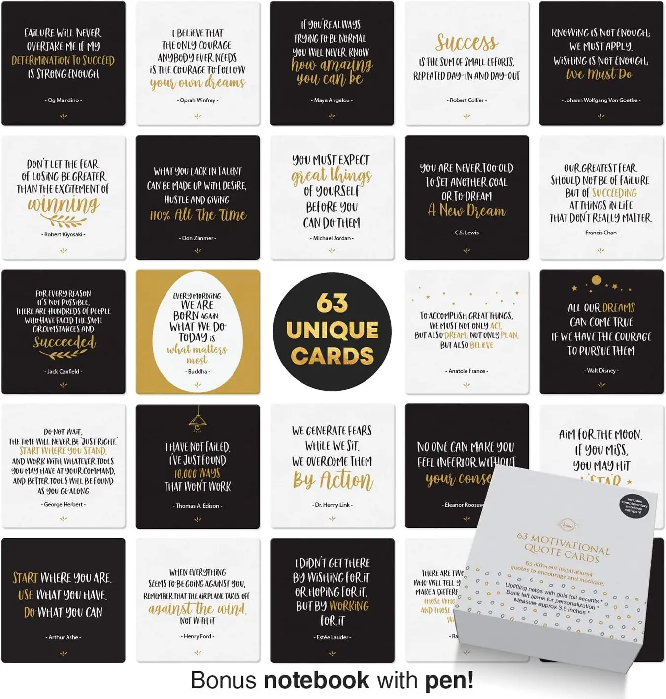 

Motivational Cards - 63 Unique Encouragement Cards Deck with Inspirational Quotes. Bonus Inspirational Notebook with Pen
