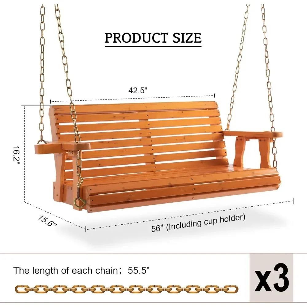 Porch Wooden Swings with Chain - Outdoor Finished Hanging Bench Swing Chair Furniture 2 Seater, Natural for Garden, Courtyard