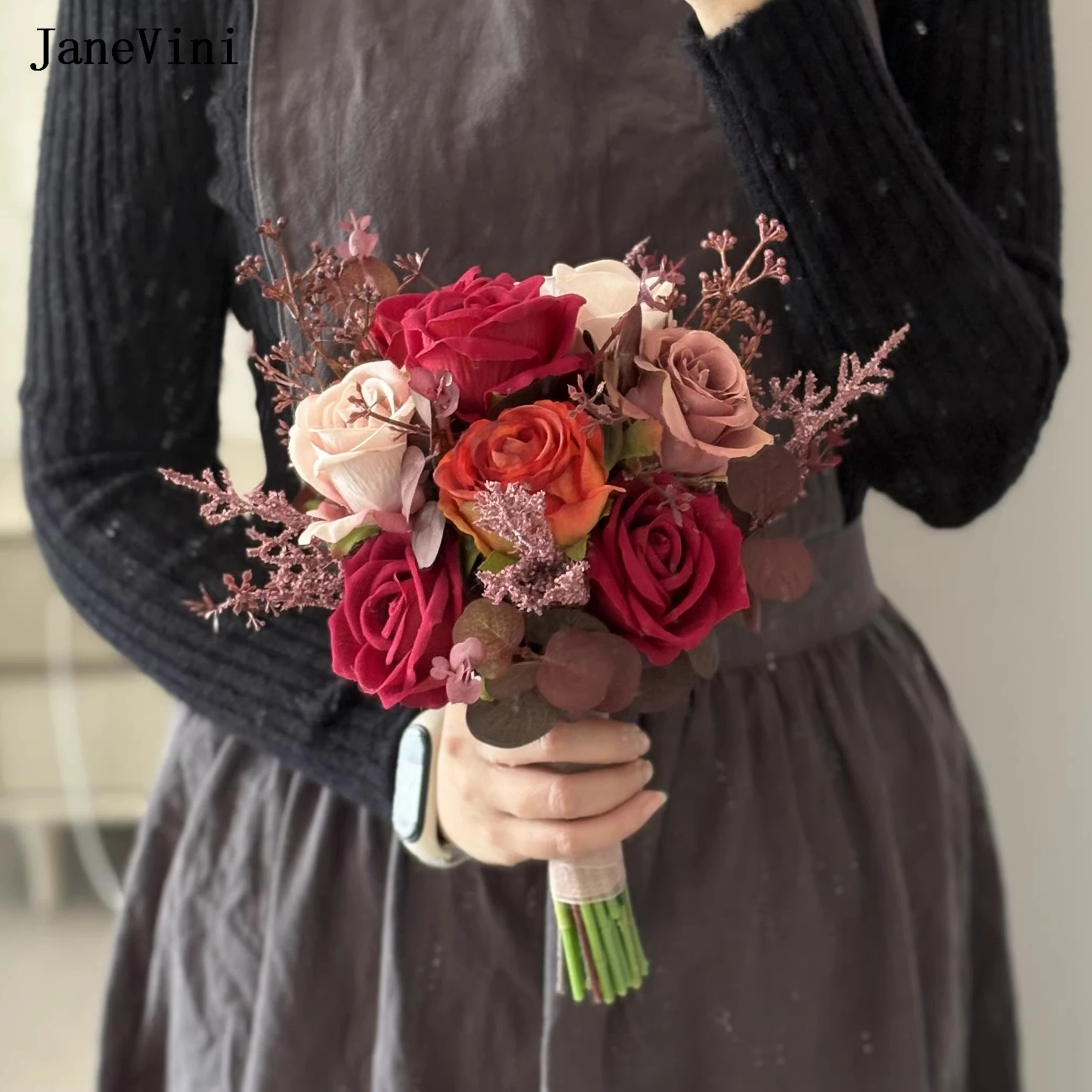 

JaneVini 2026 Свадебные букеты в западном стиле, темно-красные, из искусственных шелковых роз, для невесты и подружек невесты, искусственные цветы, свадебные аксессуары
