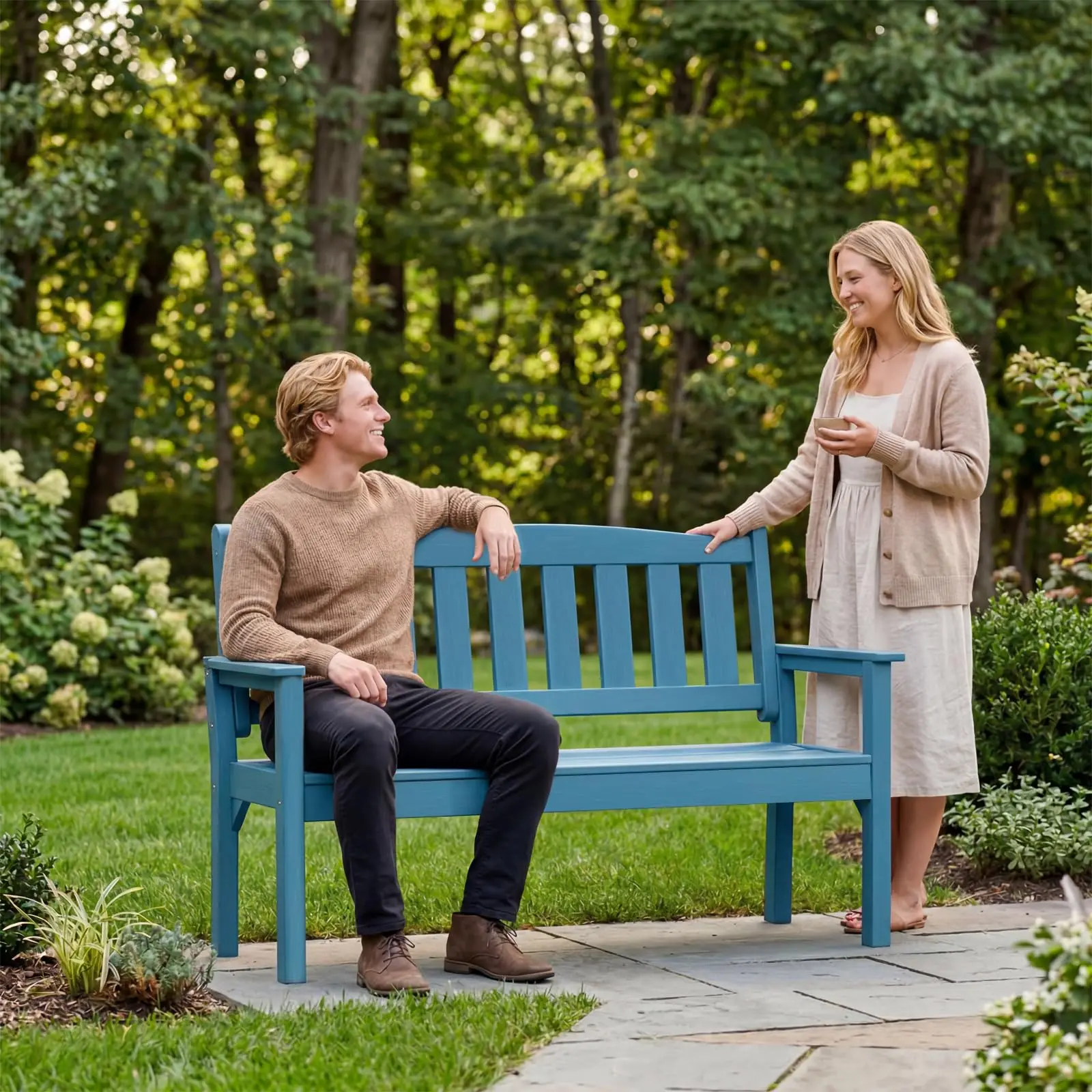 3-Person Poly Lumber Outdoor Bench Weatherproof, 800 Lbs, Blue