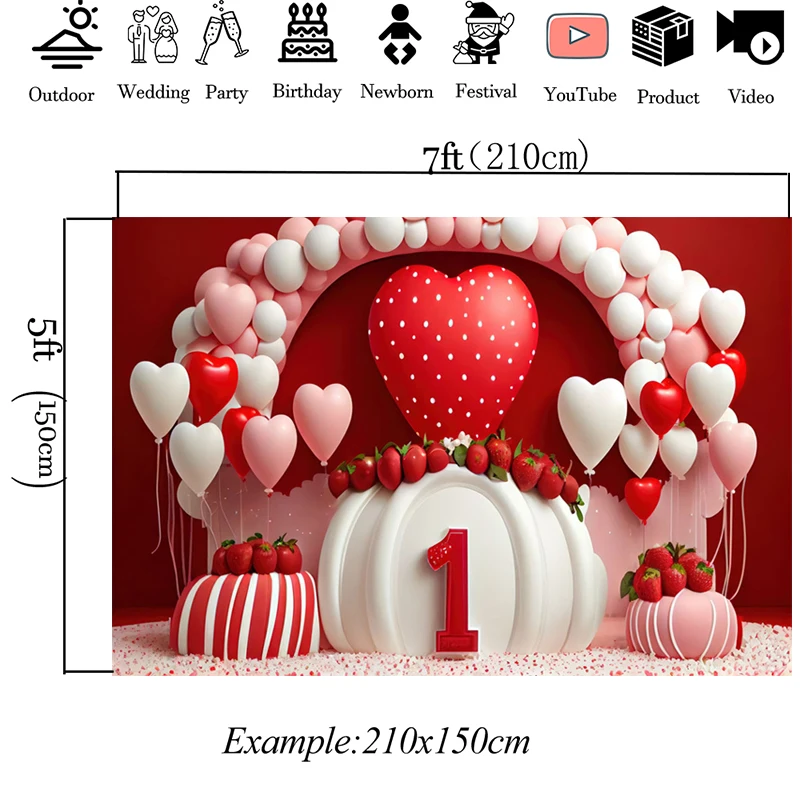 Love บอลลูนพื้นหลังวันวาเลนไทน์หัวใจสตรอเบอร์รี่สาว Happy Birthday ฉากหลังตกแต่งเด็กผู้ใหญ่ Portrait Photo Studio