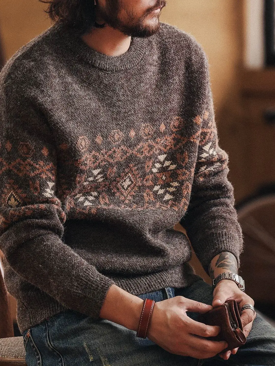 

Мужской вязаный свитер в стиле ретро с узором Fair Isle, свободный крой, круглый вырез, осенняя новинка, теплый, утолщенный, с цветочным узором