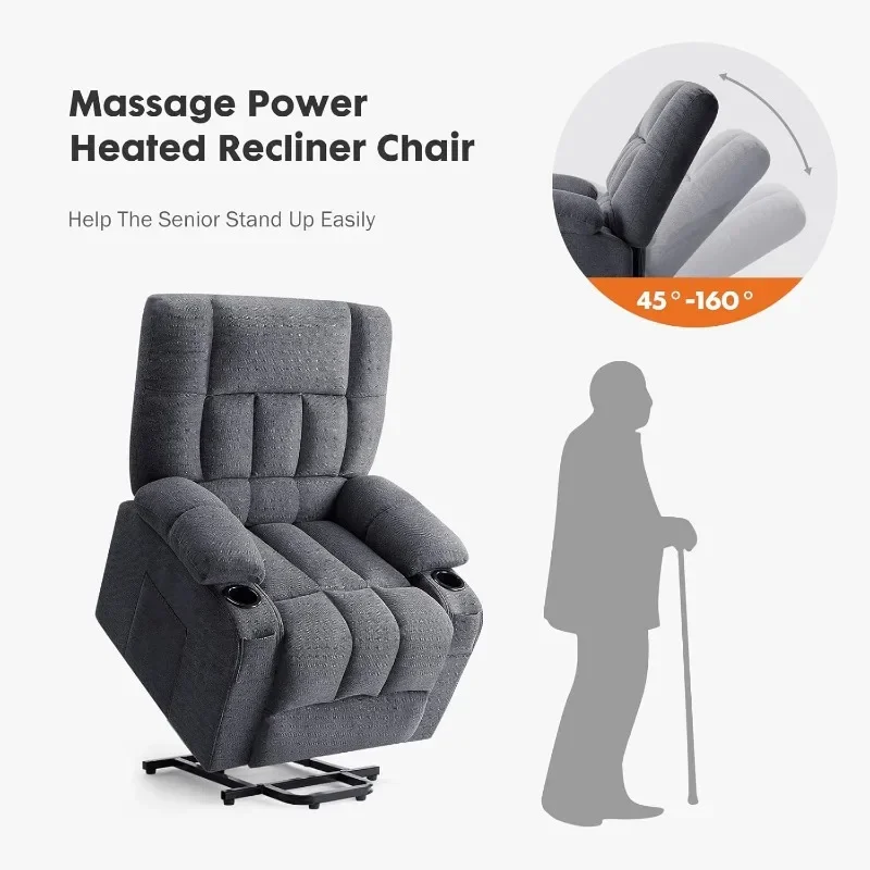 Grey Recliner Chair with Vibrating Massage and Heating , Lift Chair with Cup Holders Remote Control for Living Room,