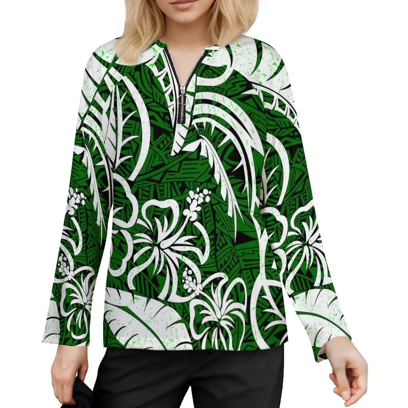 Polynesian Tribal Printed Workout Zipper T Shirts Sports High Quality Quick Dry T-Shirt Custom Long Sleeve T Shirt For woman